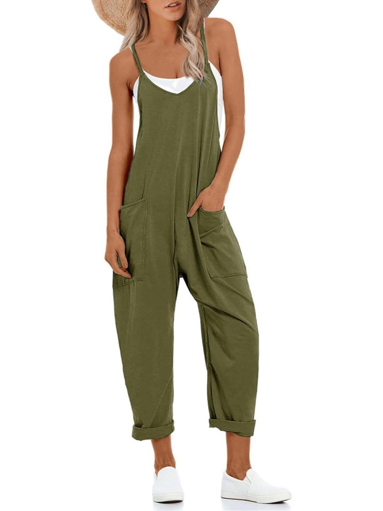 Women Dark Armygreen V Neck Sleeveless Overalls Stretchy Adjustable Strap Romper